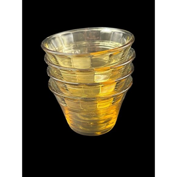 Vintage Amber Gold Glass Custard Cups Bowls ~ Set Of 4 ~ Scalloped 3 Band - Picture 5 of 6